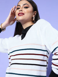 Berrylush Women White Striped Knits Bits Sweater