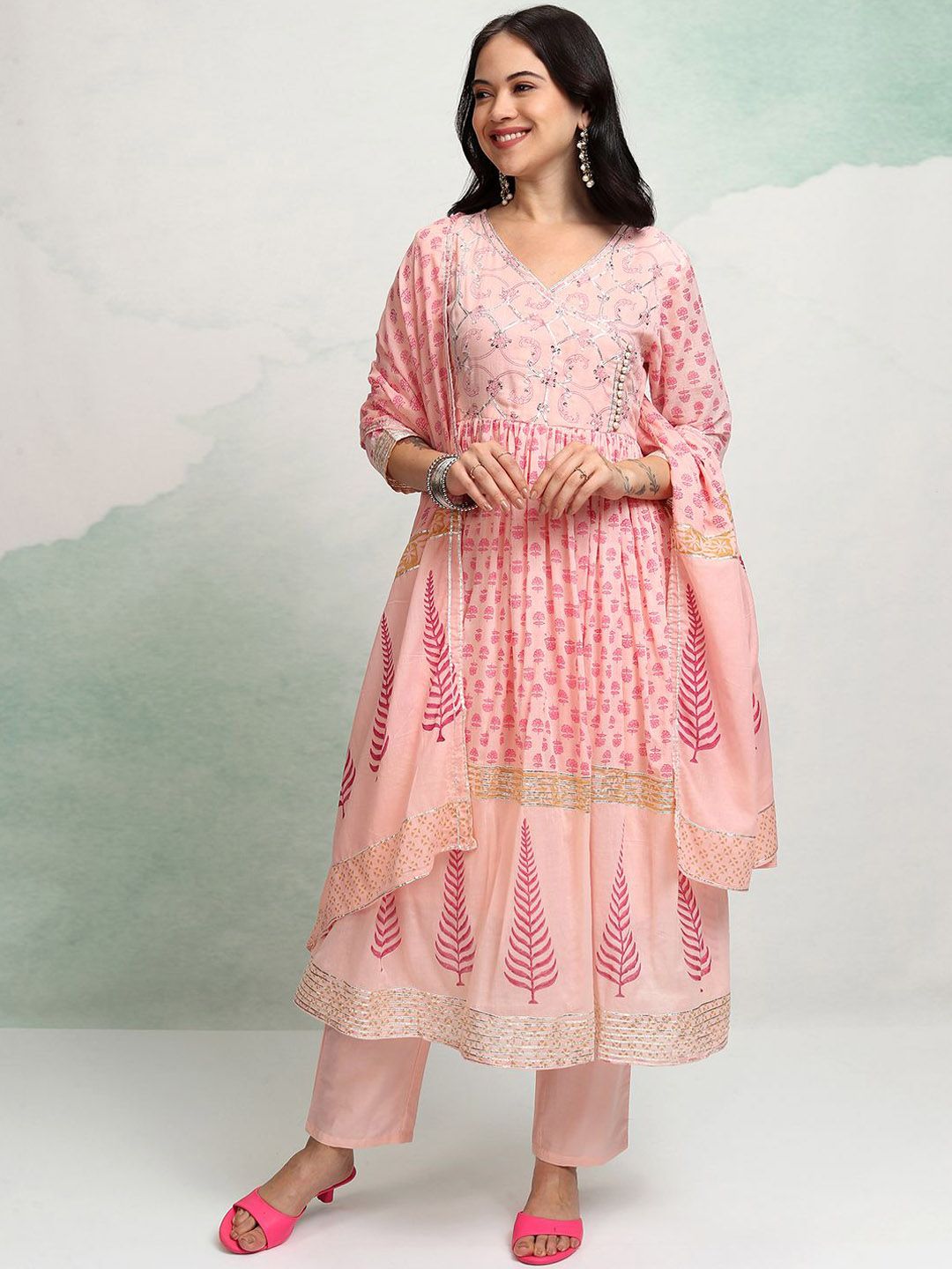 Vishudh Ethnic Motifs Embroidered Sequinned Pure Cotton Kurta With Trousers & Dupatta