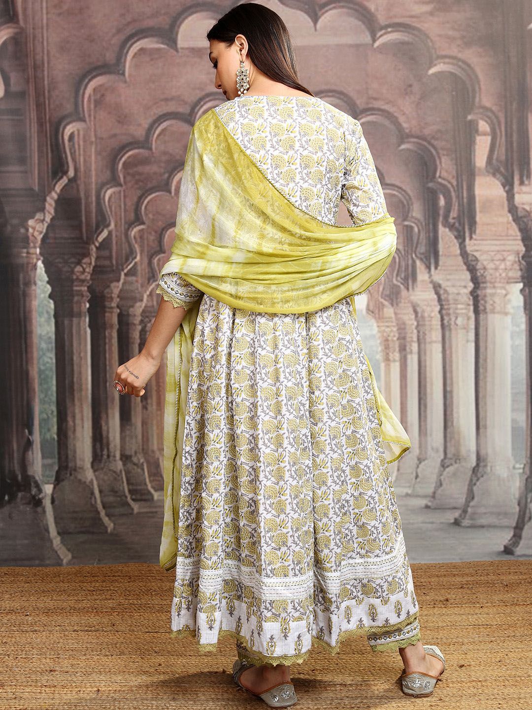 Vishudh White Printed Thread Work Pure Cotton Anarkali Kurta With Trousers & Dupatta