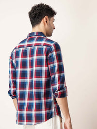 The Indian Garage Co Men Navy Blue & Red Slim Fit Checked Casual Shirt