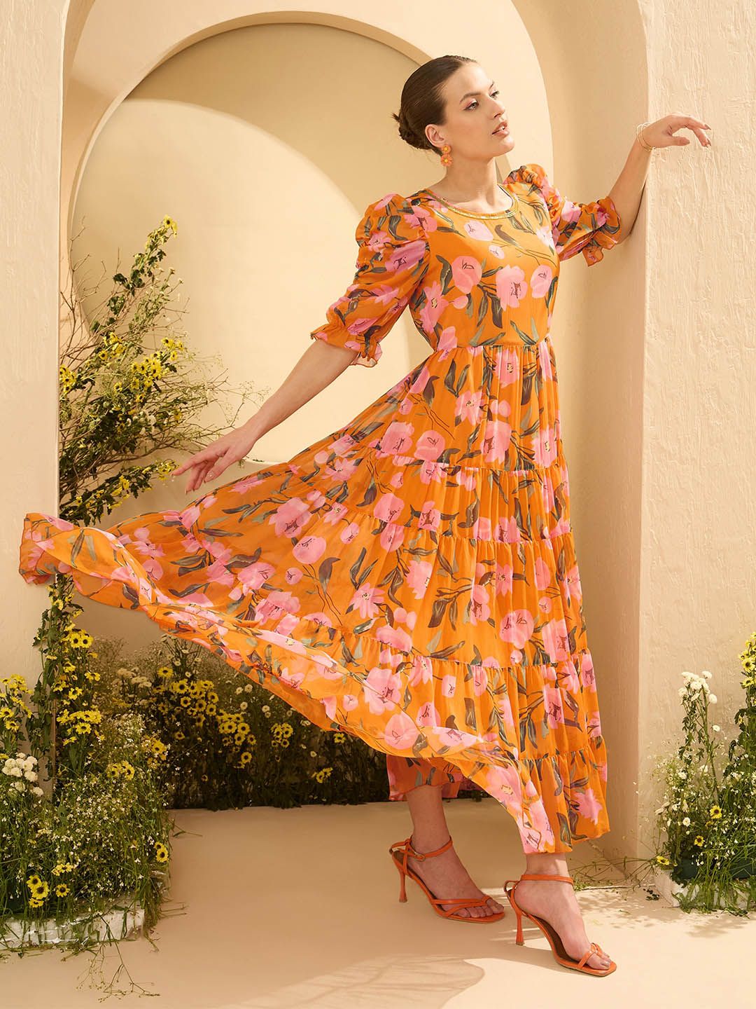 Antheaa Women Embellished Floral Printed Puff Sleeves Tiered Maxi Dress