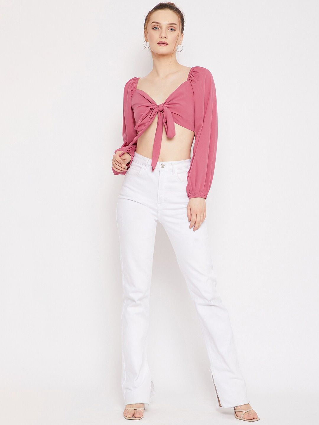 Berrylush Pink Sweetheart Neck Crepe Crop Top