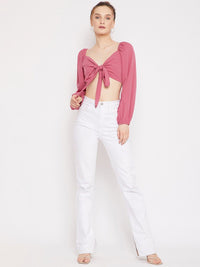 Berrylush Pink Sweetheart Neck Crepe Crop Top