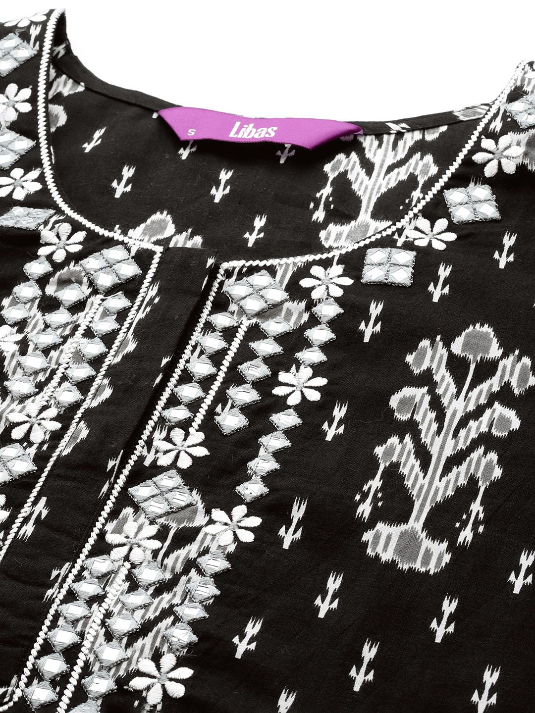 Libas Floral Printed Regular Mirror Work Pure Cotton Kurta With Trousers & Dupatta
