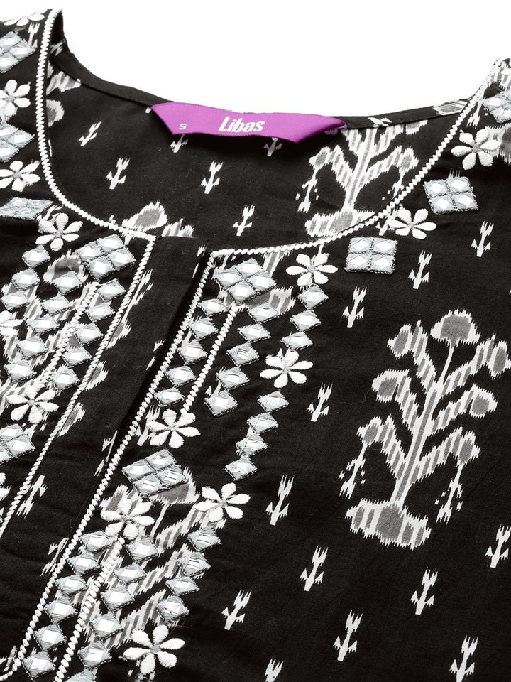 Libas Floral Printed Regular Mirror Work Pure Cotton Kurta With Trousers & Dupatta