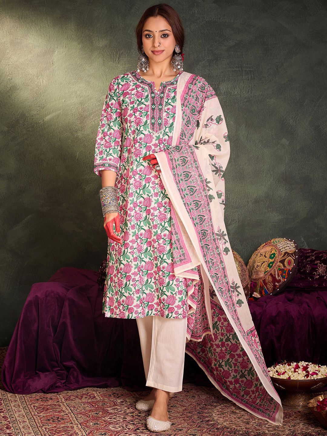 Indo Era Floral Printed Pure Cotton Straight Kurta With Trousers & Dupatta