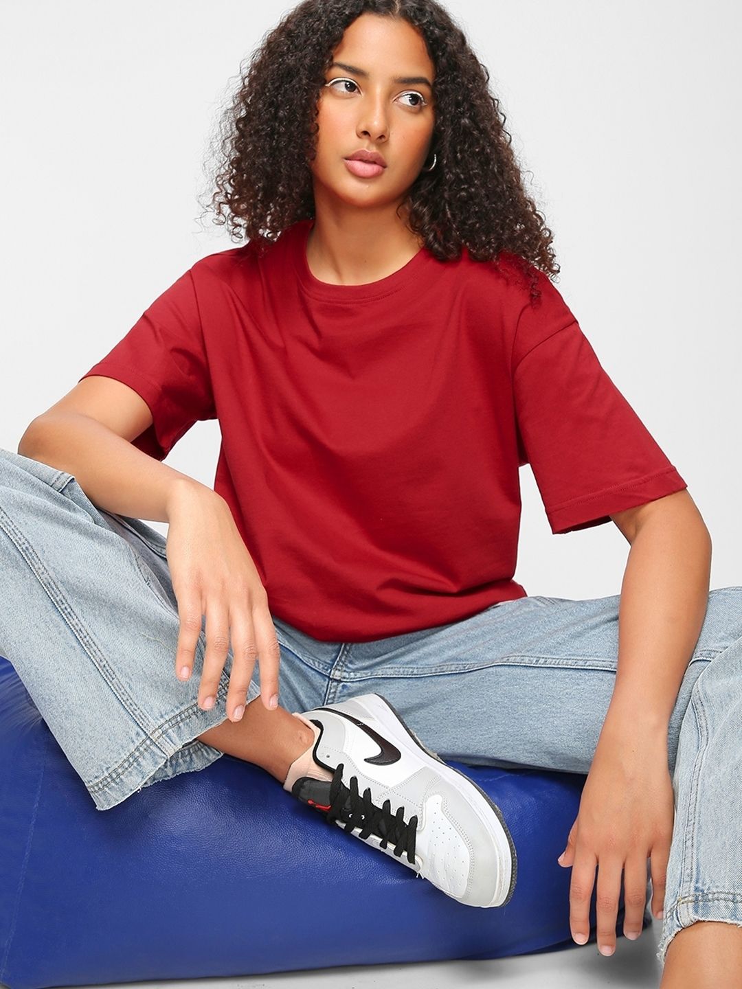 Bewakoof Women Red Cotton Drop-Shoulder Sleeves Oversized T-shirt