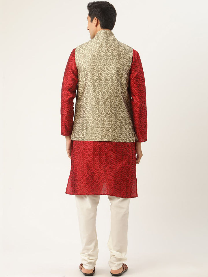 SOJANYA Men Red & Beige Ethnic Motifs Woven Design Kurta with Churidar & Nehru Jacket