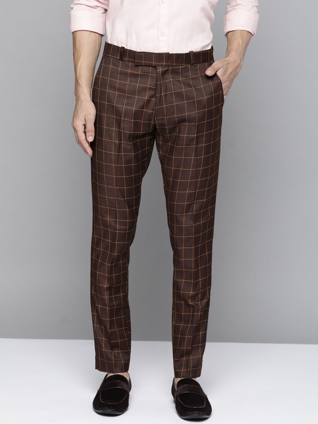 DENNISON Men Burgundy Checked Smart Tapered Fit Trousers