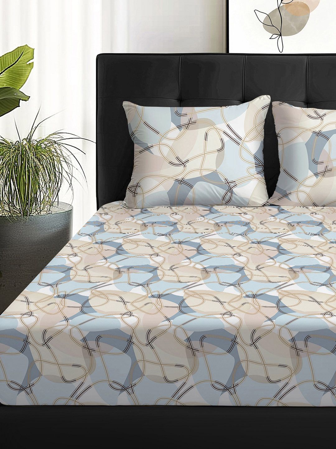 Story@home Arena Cream-Coloured & Grey Printed 180 TC Queen Bedsheet & 2 Pillow Covers