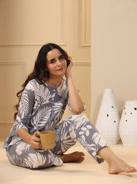 SANSKRUTIHOMES Grey & White Floral Printed Pure Cotton Night Suit