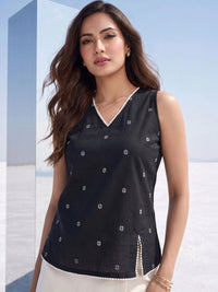 Mamicha Geometric Print Ruffles Cotton Top