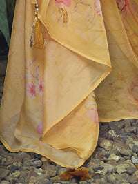 Indo Era Yellow Yoke Design Thread Work Pure Cotton Kurta With Trousers & Dupatta