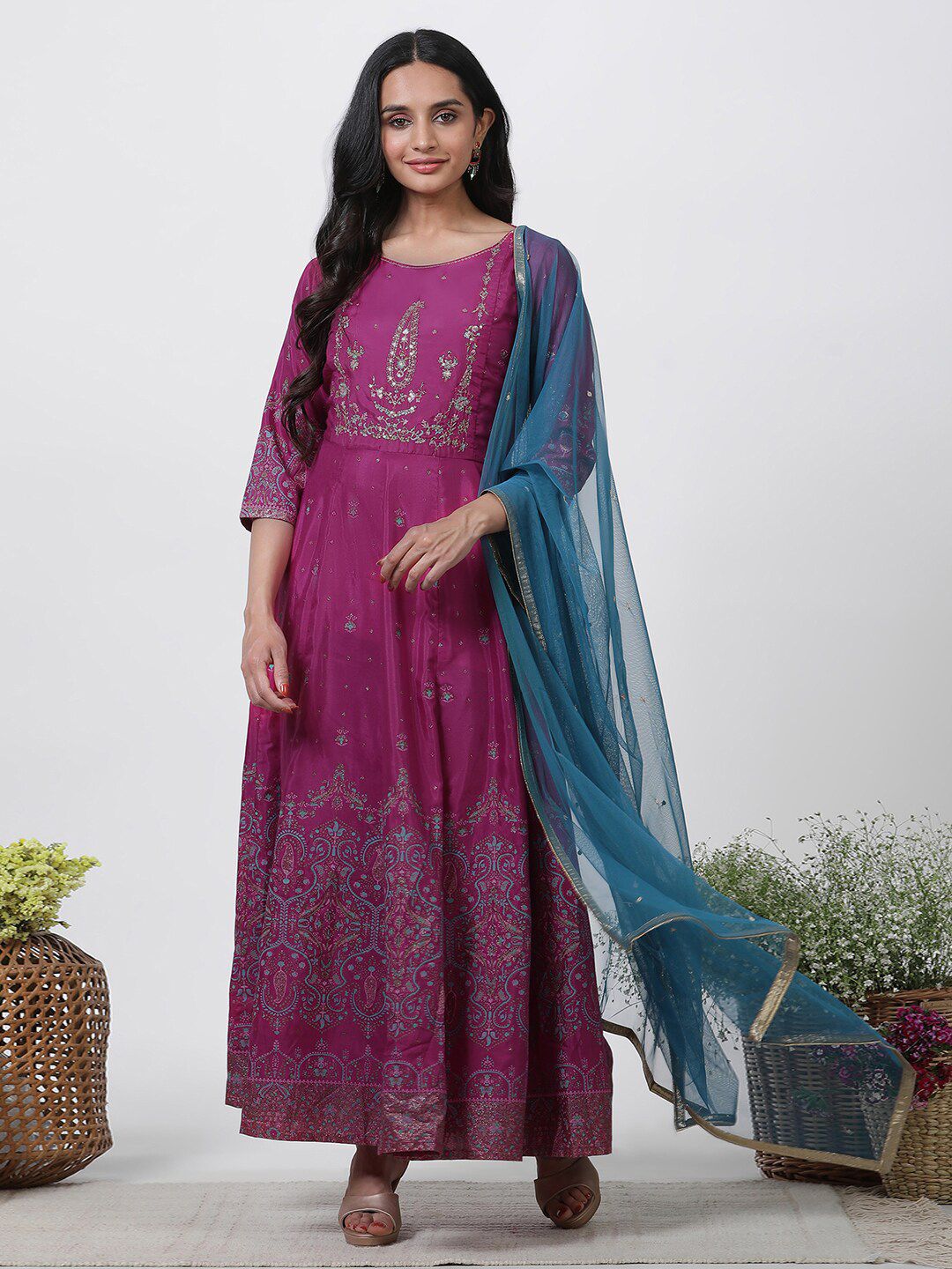 W Ethnic Motifs Printed Round Neck Maxi Ethnic Dress With Dupatta