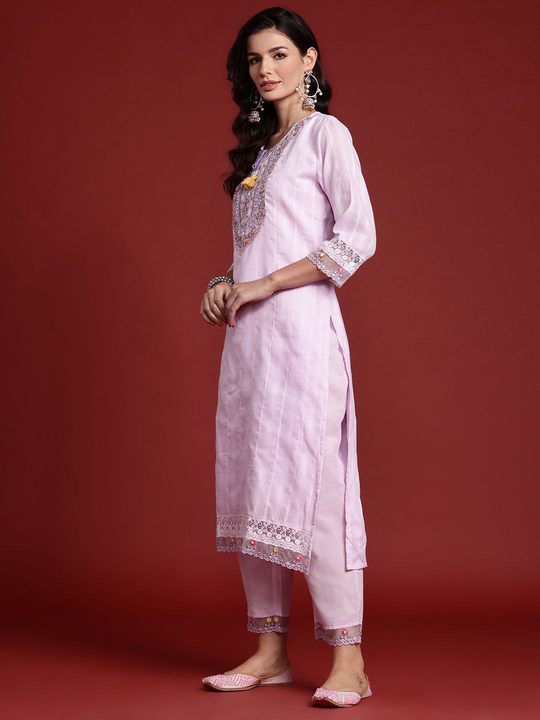 Indo Era Floral & Mirror Embellished Pure Cotton Kurta with Trousers & Dupatta