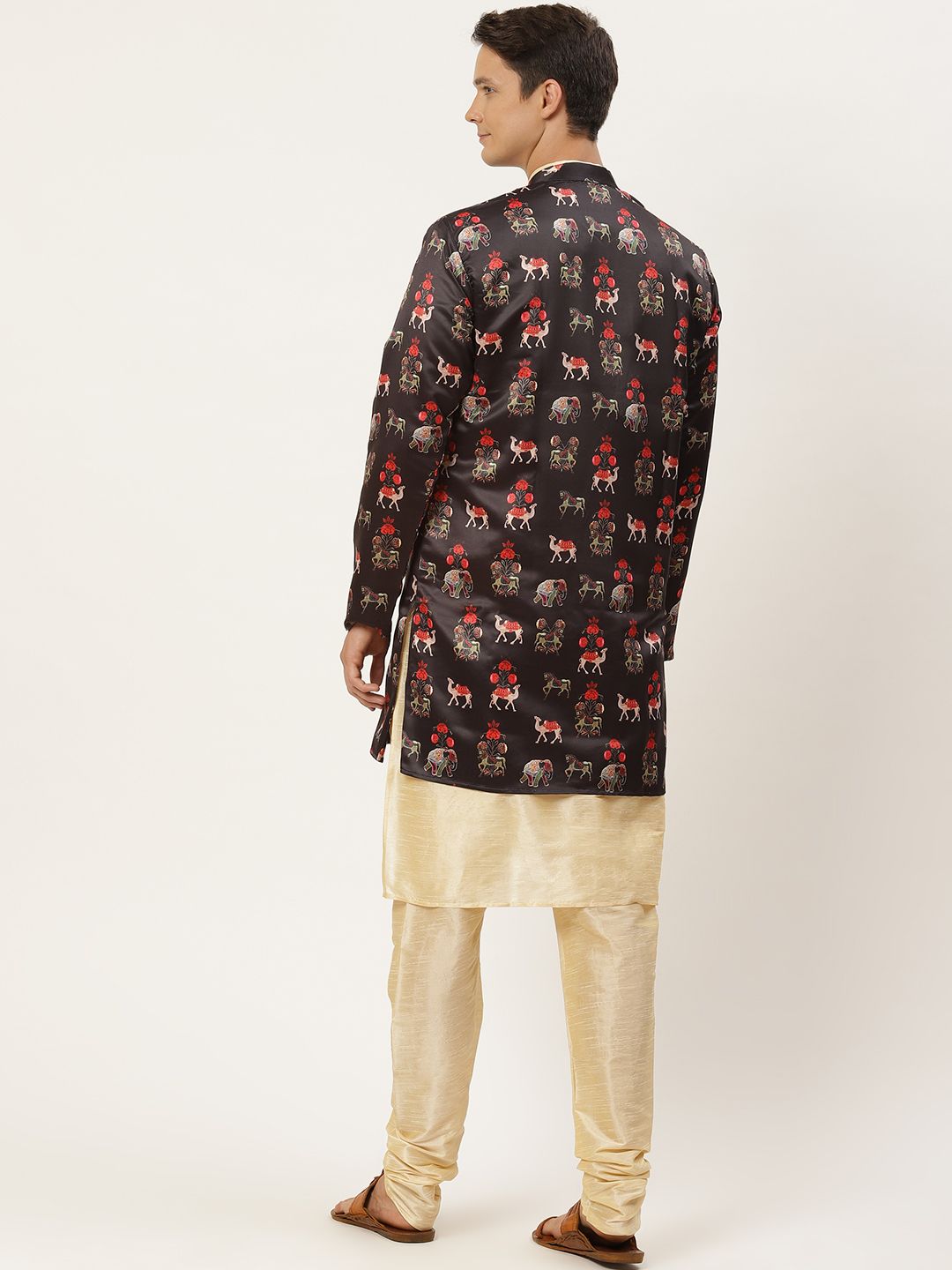 SOJANYA Men Black & Golden Ethnic Motifs Print Kurta & Churidar with Tailored Jacket