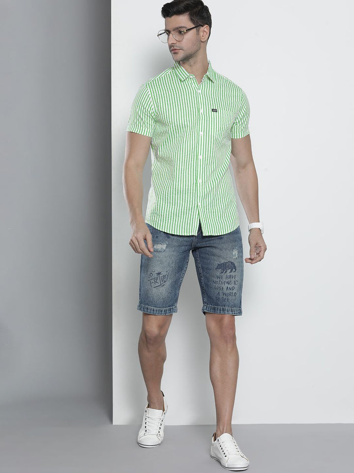 The Indian Garage Co Men Green Comfort Striped Cotton Casual Shirt
