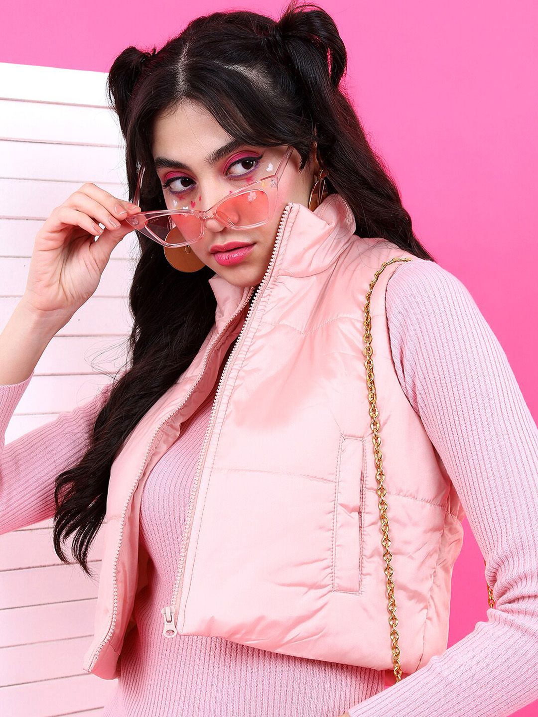 Tokyo Talkies Women Pink Solid Crop Puffer Jacket