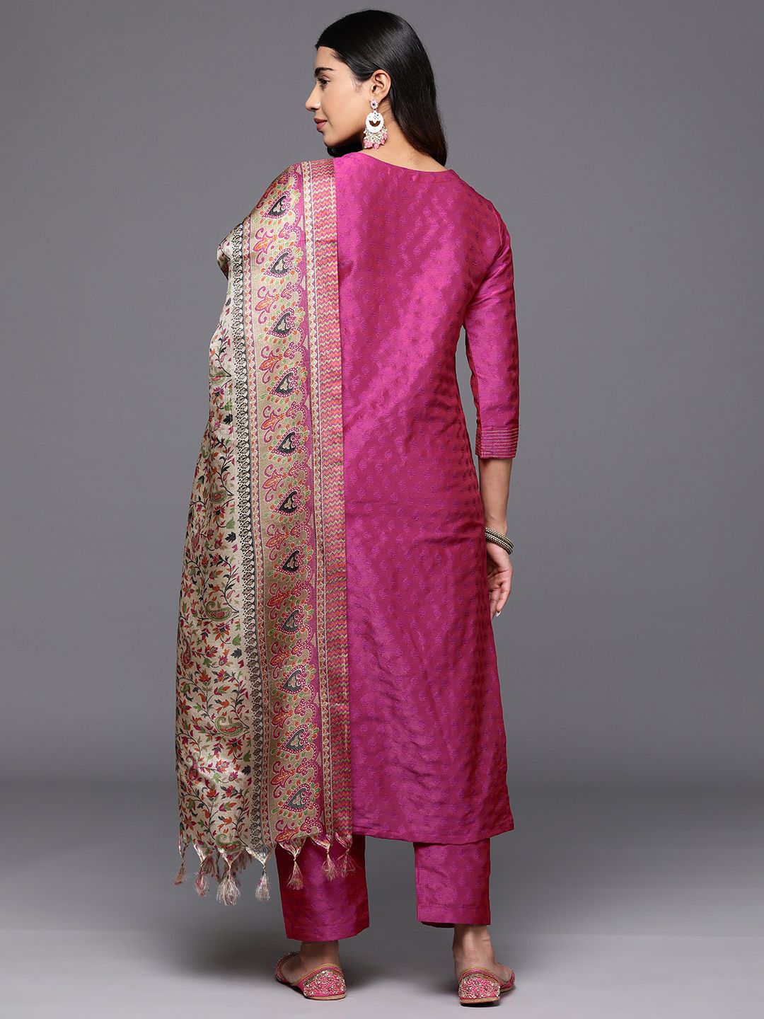 Varanga Women Pink Zari Work textured Kurta with Trouser and Printed Dupatta