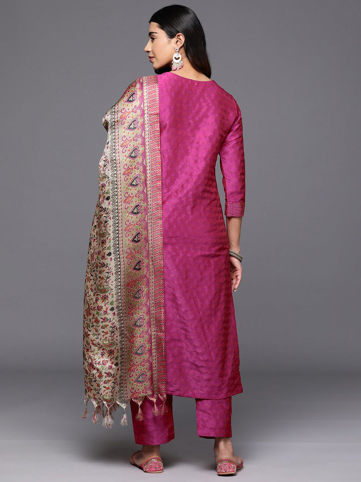 Varanga Women Pink Zari Work textured Kurta with Trouser and Printed Dupatta