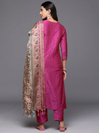 Varanga Women Pink Zari Work textured Kurta with Trouser and Printed Dupatta