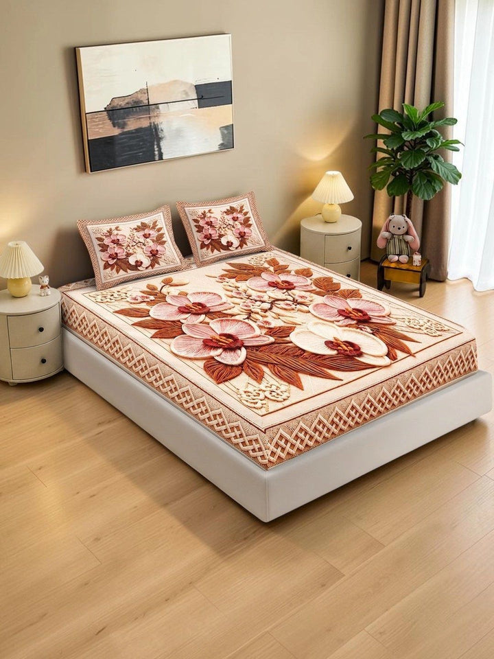 KLOTTHE Brown & Brown Floral 400 TC King Bedsheet with 2 Pillow Covers