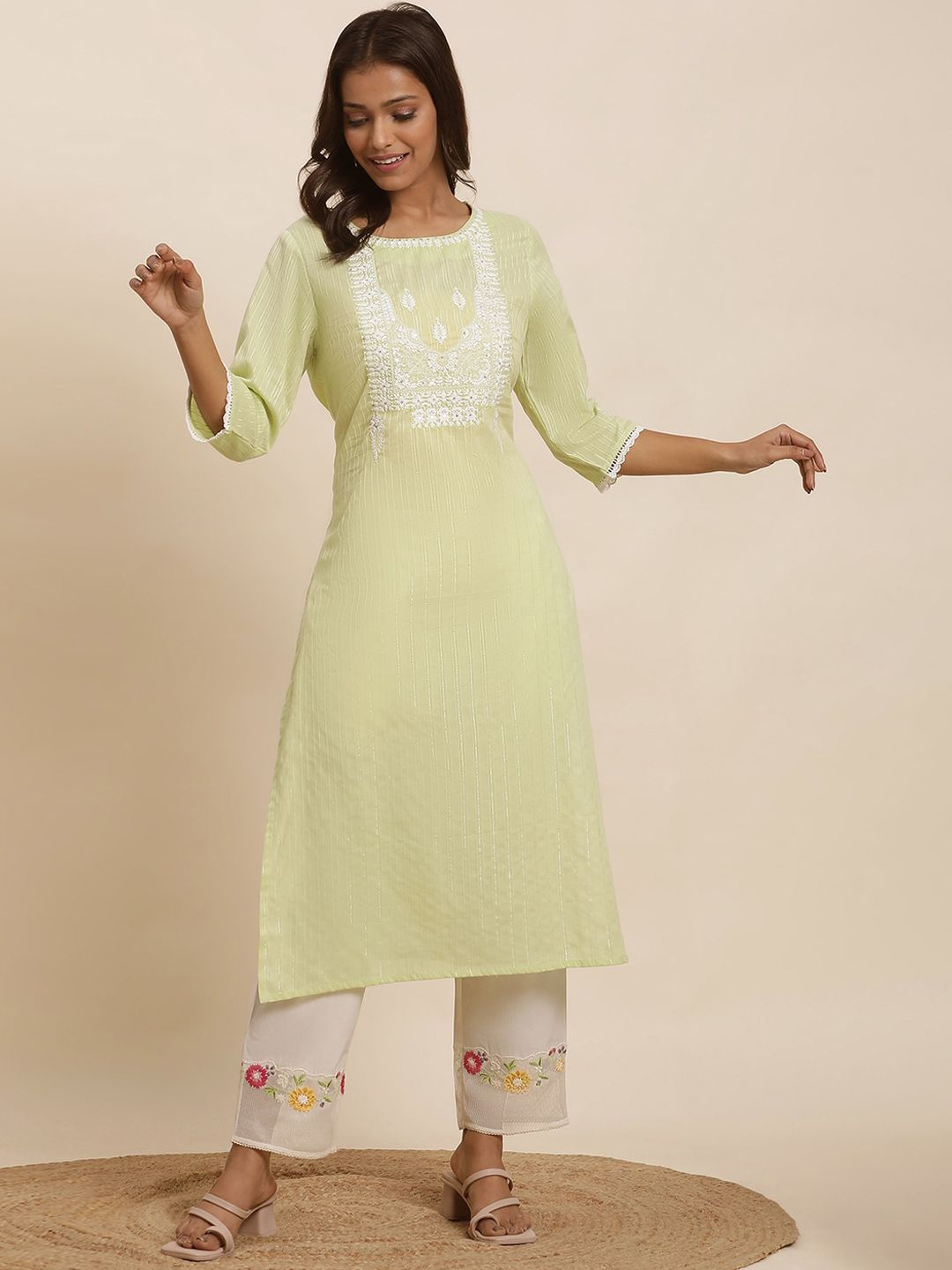W Green Floral Embroidered Sequinned Pastel Kurta