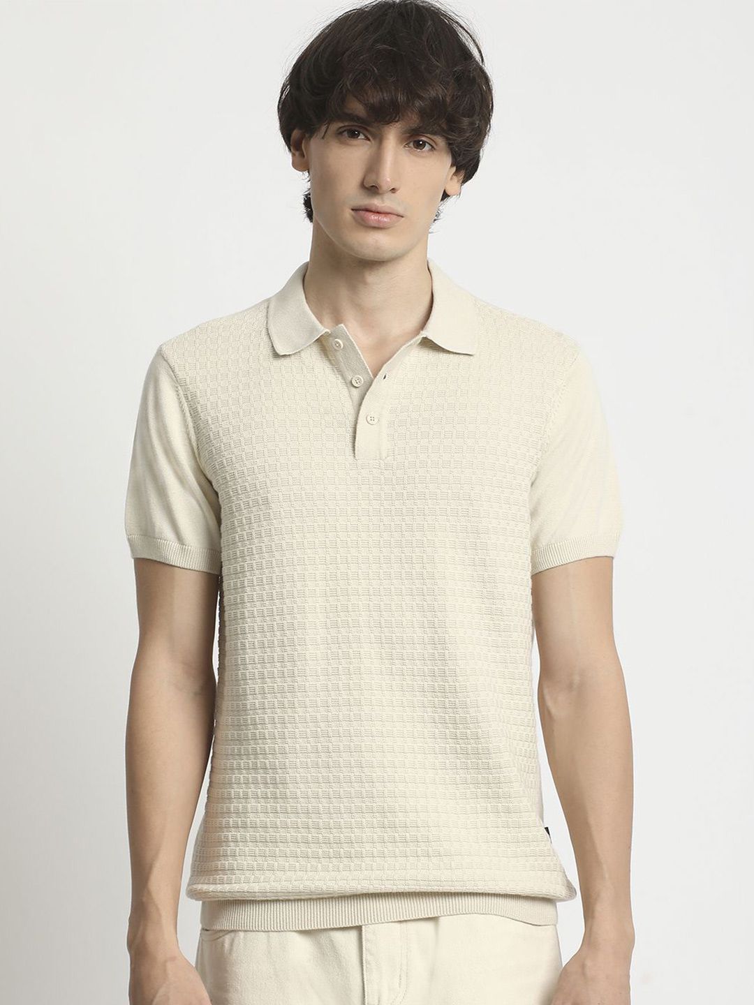 THE BEAR HOUSE Men Self Design Polo Collar Pure Cotton T-shirt