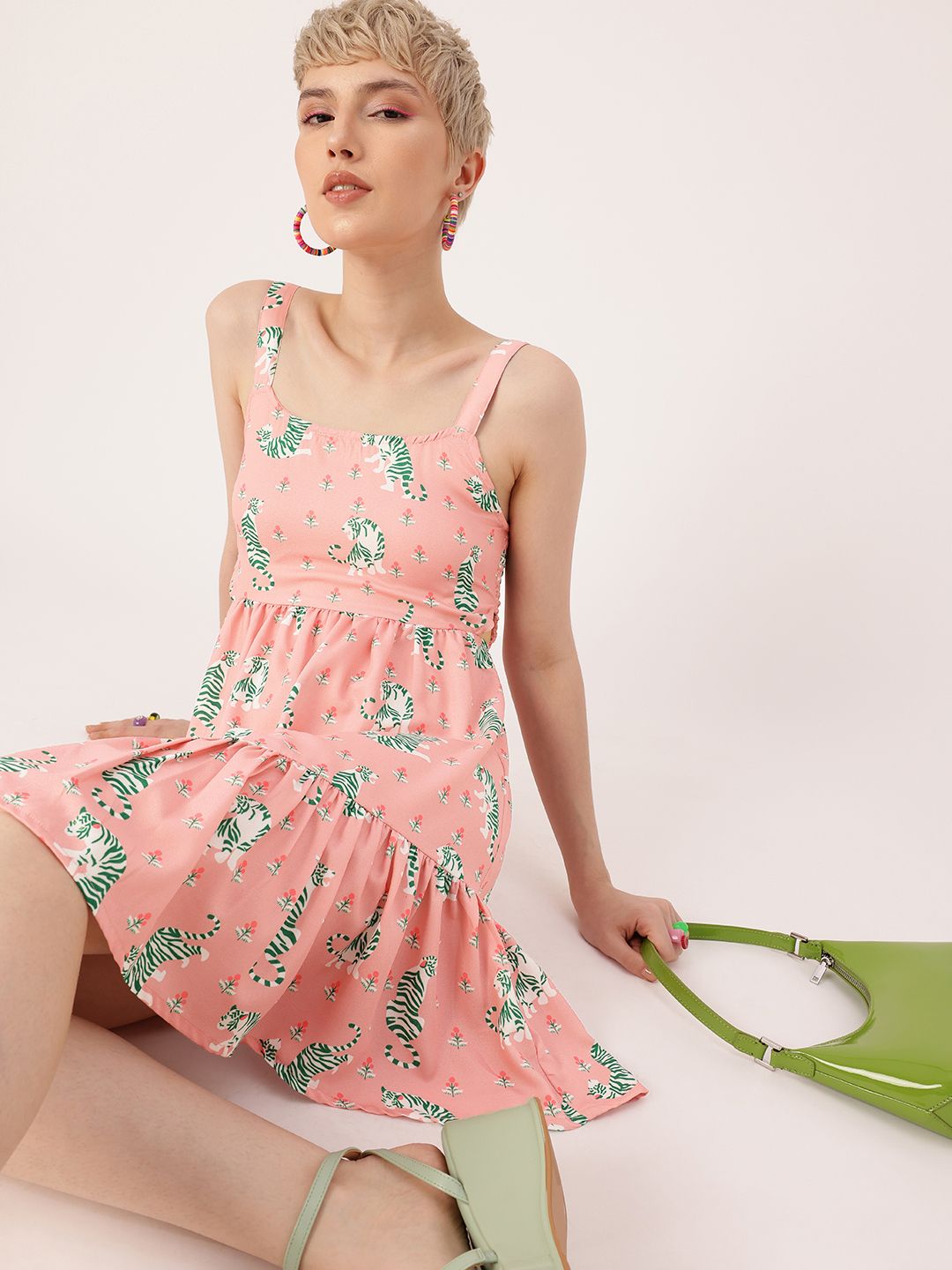 DressBerry Holiday Glam Printed Shoulder Straps Smocked Cut-Outs A-line Dress