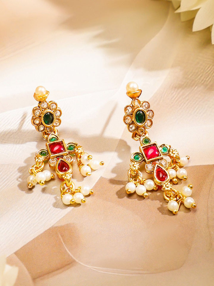 Rubans 24K Gold Plated Handcrafted Ruby & Emerald Studded & Pearl Beaded Jewellery Set