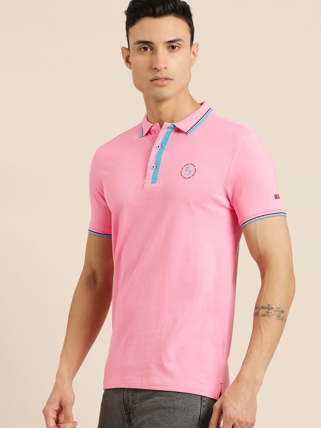 Being Human Men Pink Solid Polo Collar Pure Cotton Slim Fit T-shirt With Brand Logo Print