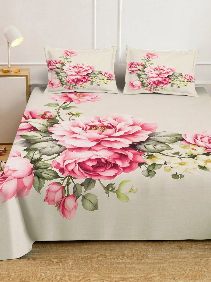 Moda Rapido X KLOTTHE Beige & Pink Floral 400 TC King Bedsheet with 2 Pillow Covers