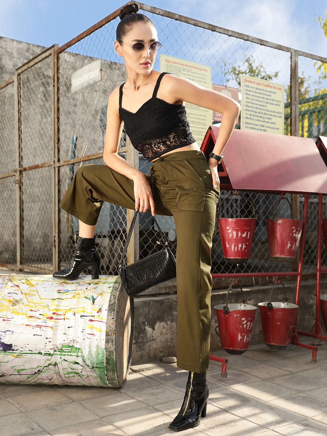 STREET 9 Women Olive Green Relaxed High-Rise Cotton Trousers