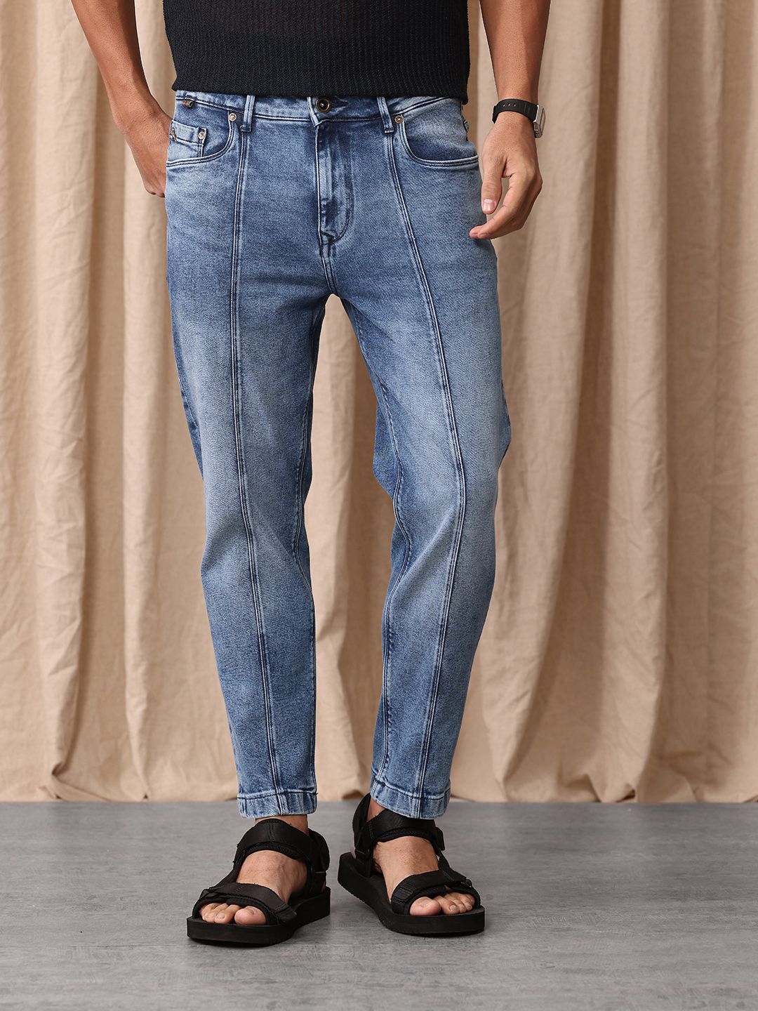 Mr Bowerbird Men Tapered Fit Mid-Rise Heavy Fade Cropped Stretchable Jeans