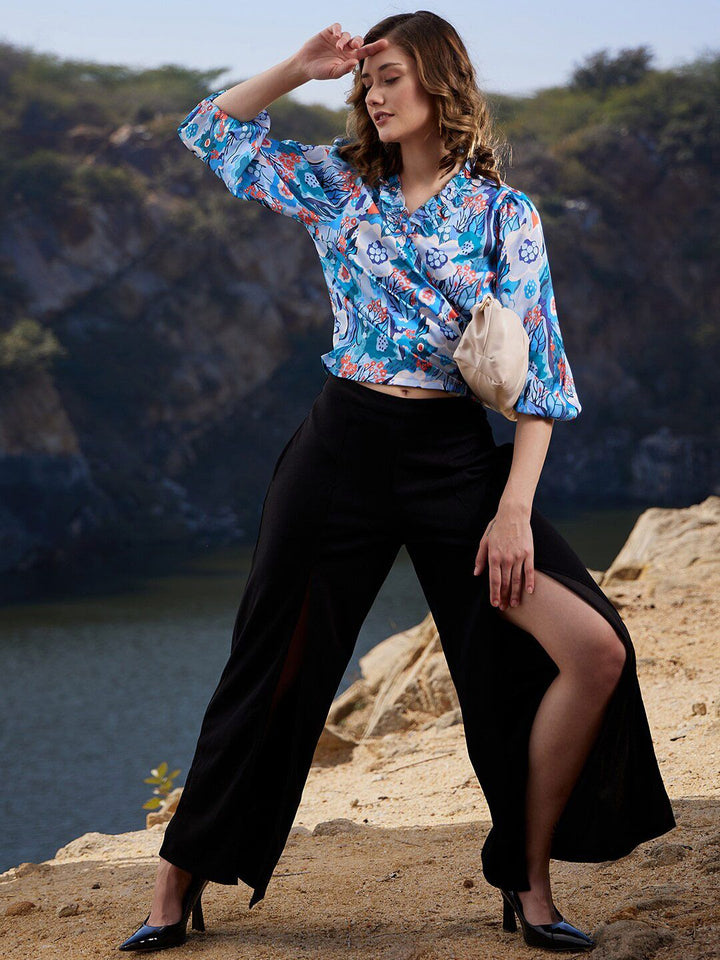 Athena Floral Printed Puff Sleeves Ruffles Wrap Crop Top