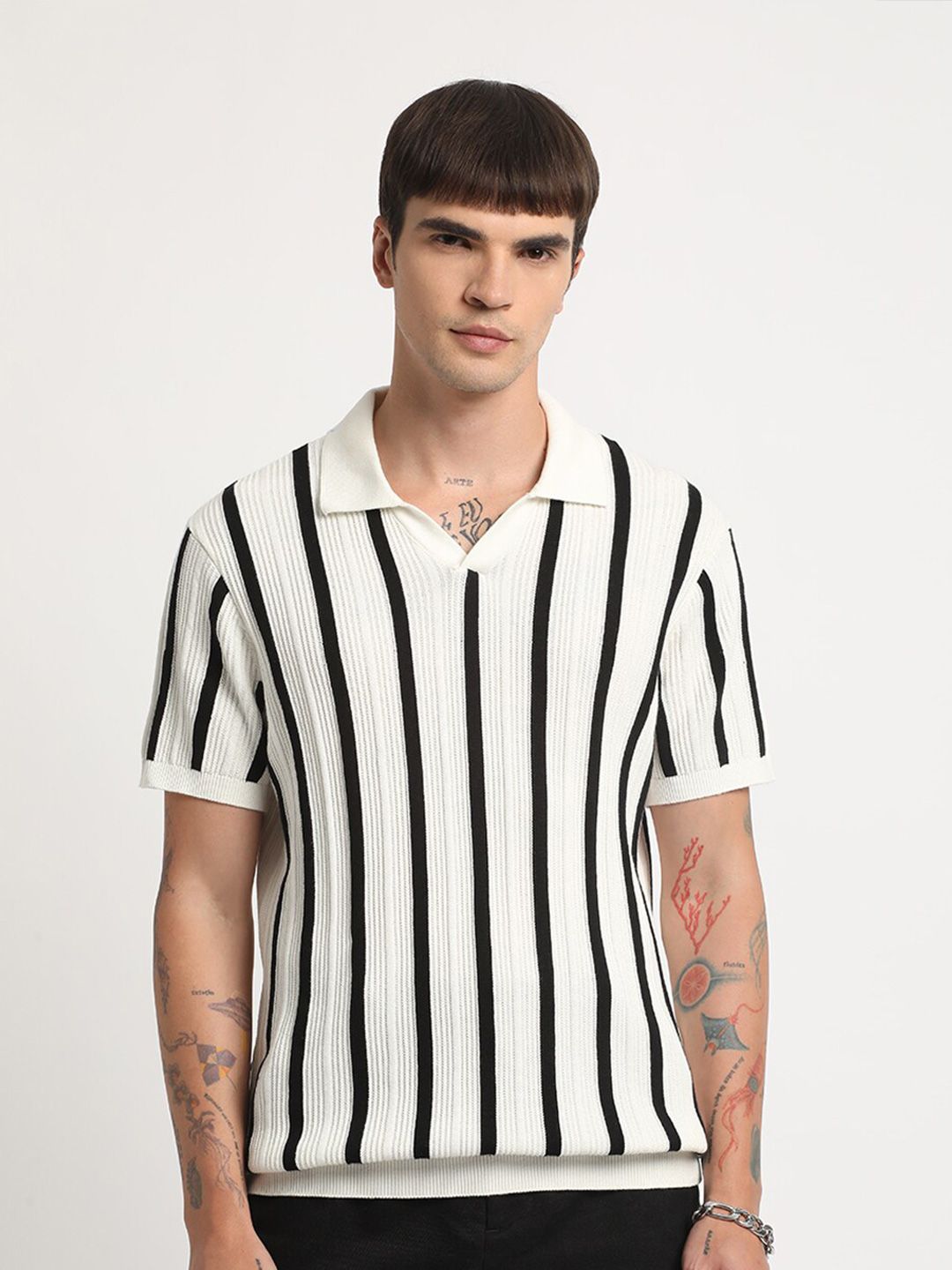 THE BEAR HOUSE Striped Regular Fit Polo Collar Cotton T-shirt