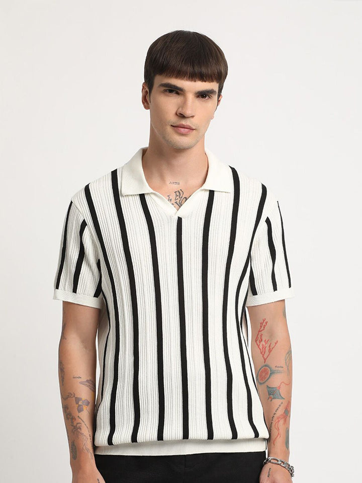 THE BEAR HOUSE Striped Regular Fit Polo Collar Cotton T-shirt