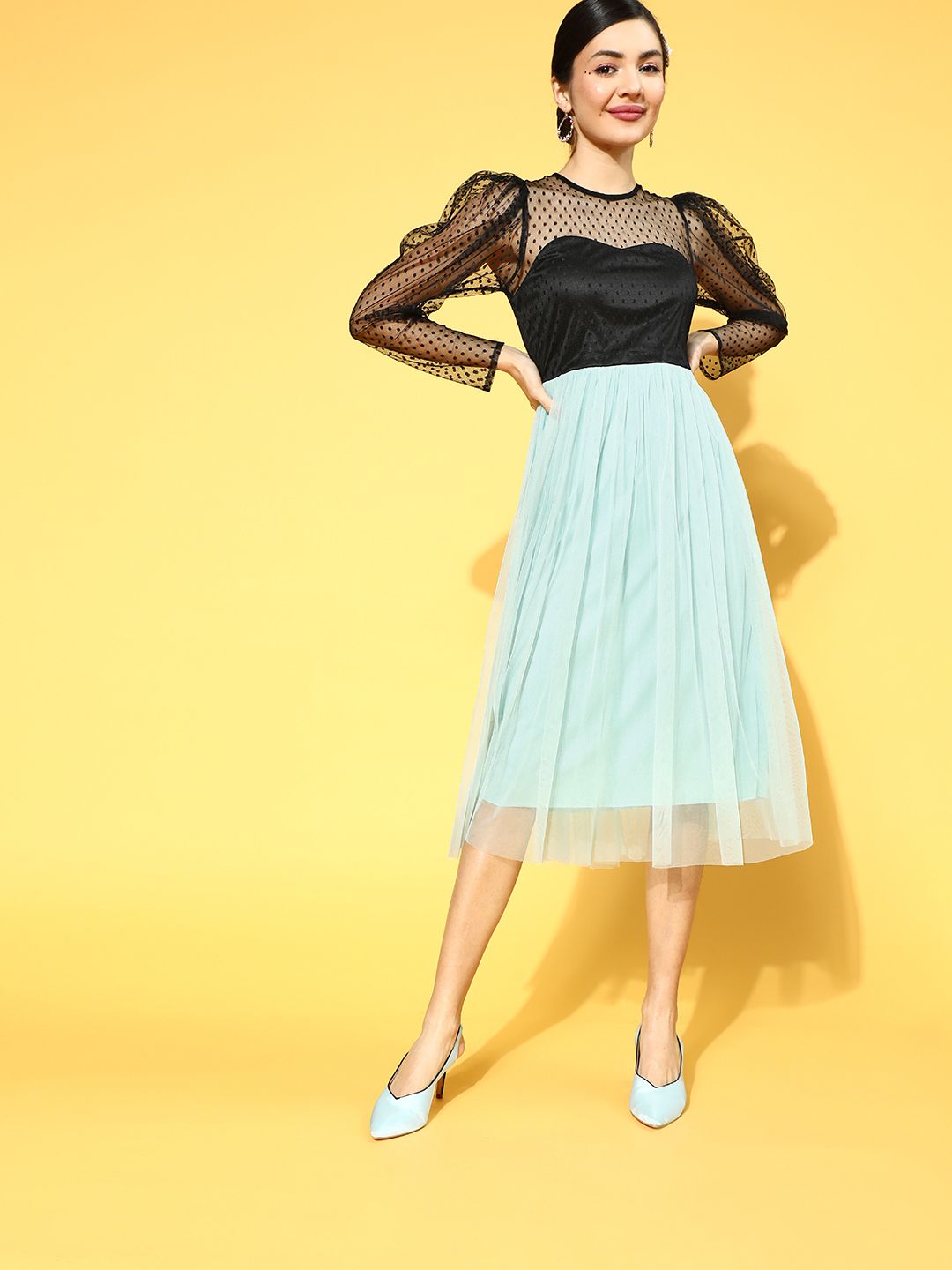 Athena Black & Blue Colourblocked A-Line Midi Dress