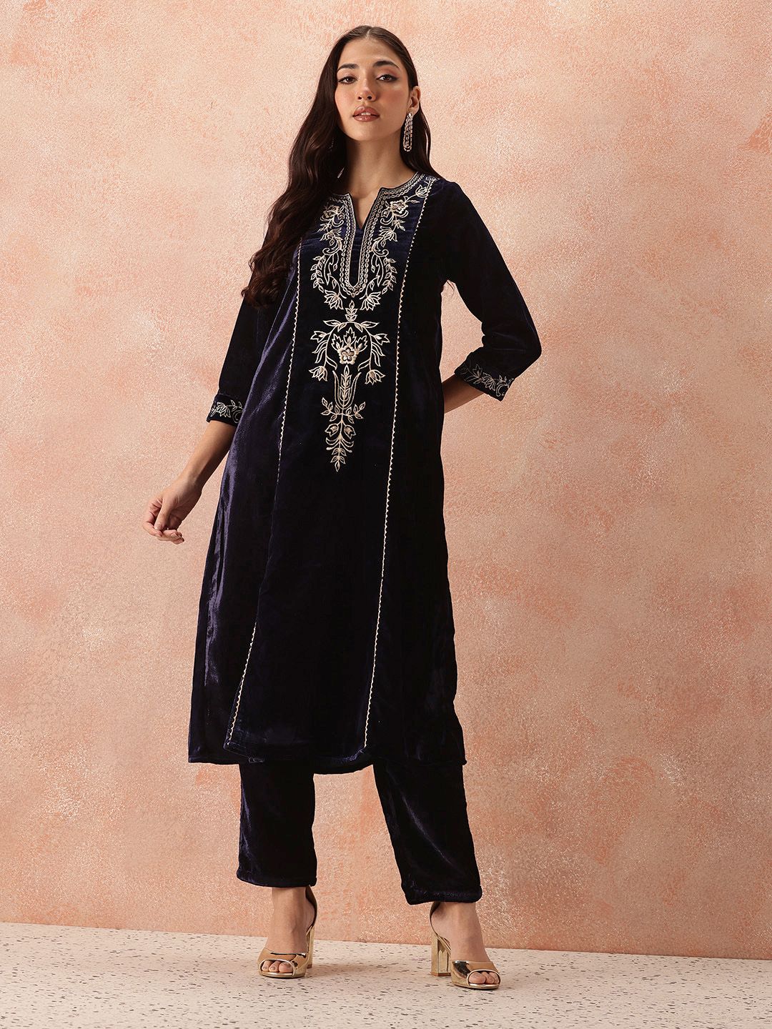 all about you Velvet Finish Floral Embroidered Gotta Patti Kurta with Trousers
