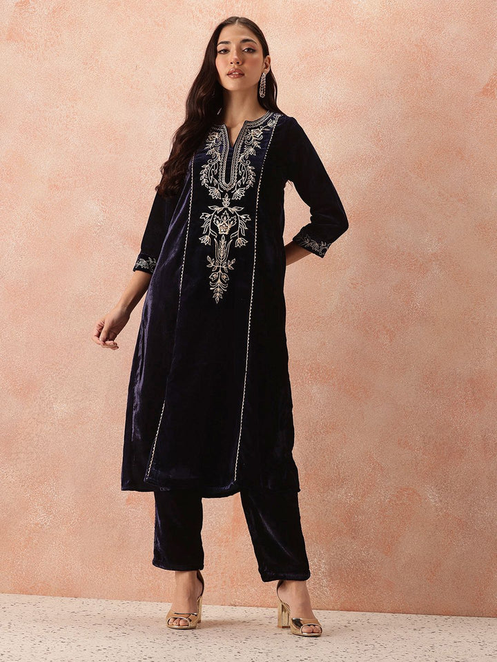 all about you Velvet Finish Floral Embroidered Gotta Patti Kurta with Trousers