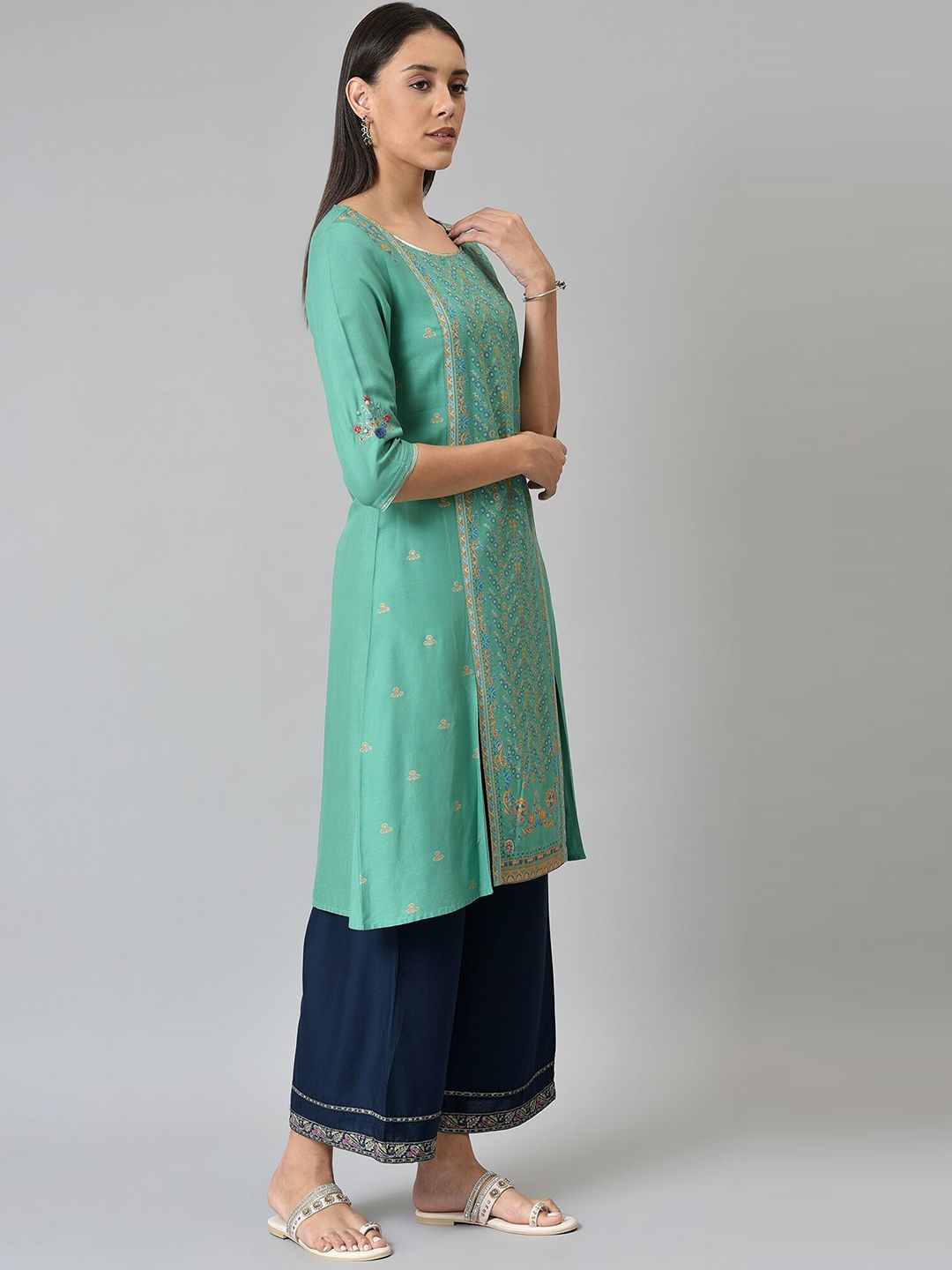W Festive Floral Print Rayon Straight Kurta