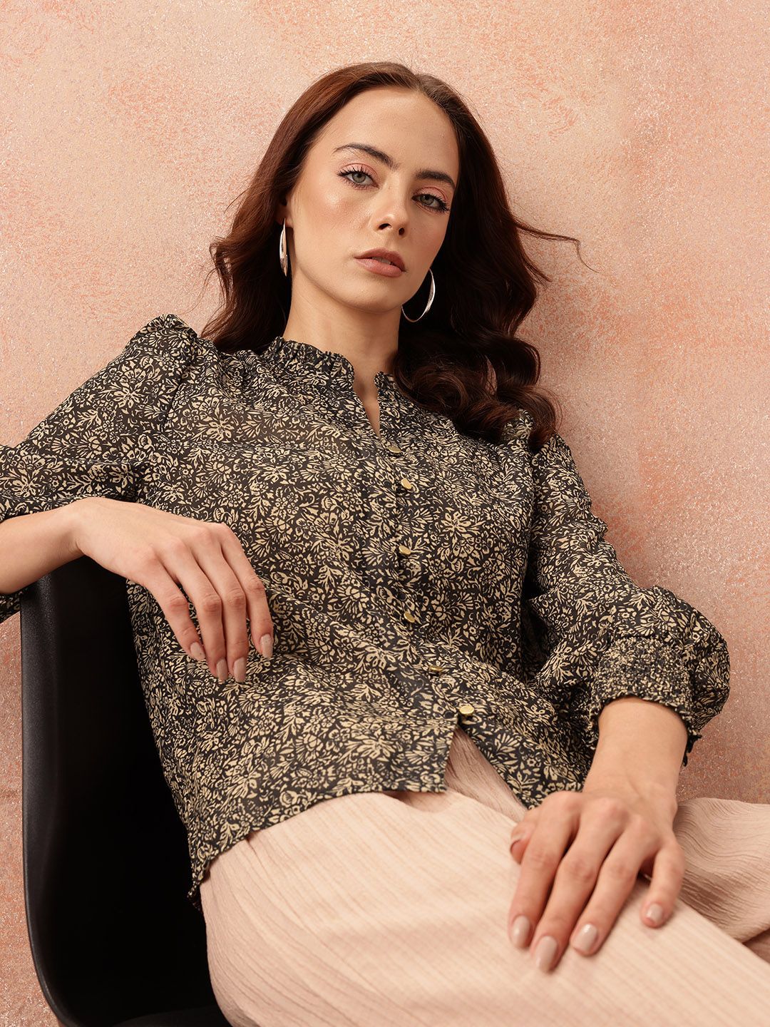 all about you Floral Print Ruffles Detail Georgette Semi-Sheer Button-Down Shirt-Style Top
