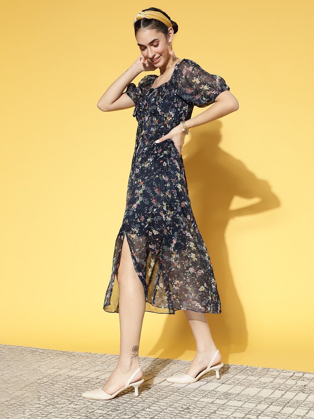 Athena Women Deep Navy Blue Floral Volume Play Dress