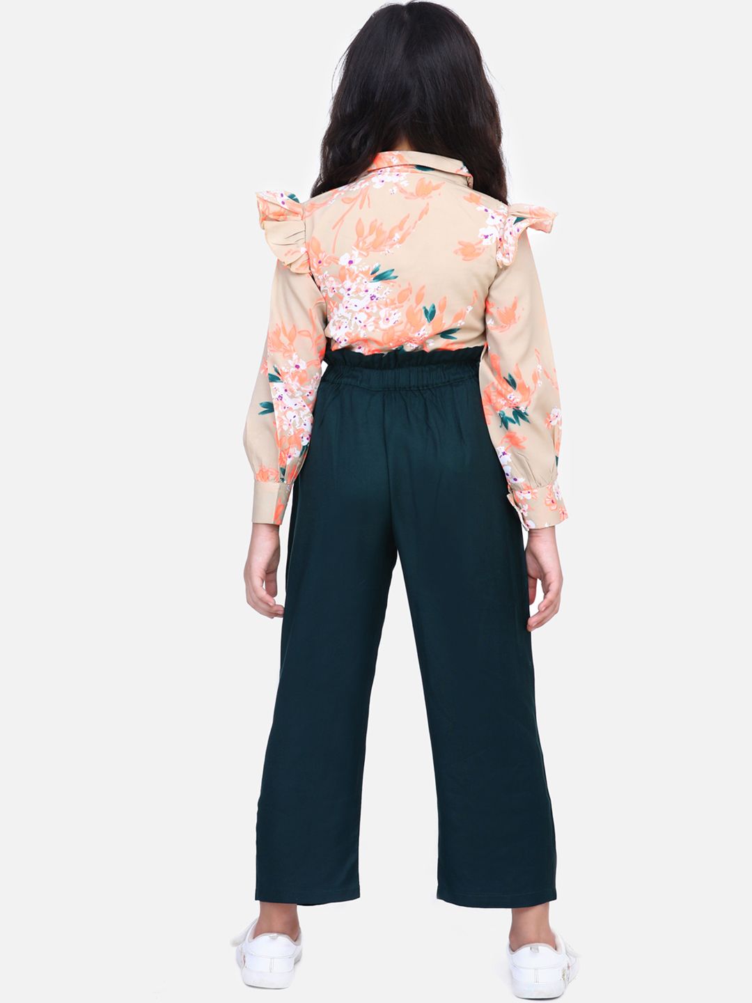 Cutiekins Girls Beige & Green Printed Top with Palazzos