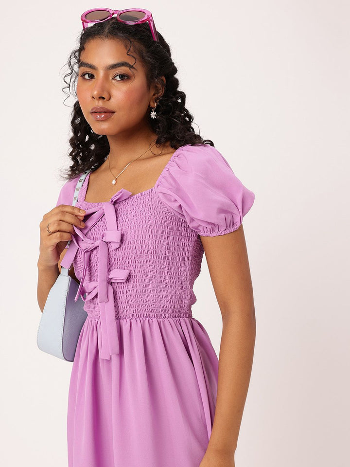 DressBerry Breathe Basics Bowed & Smocked A-Line Mini Dress