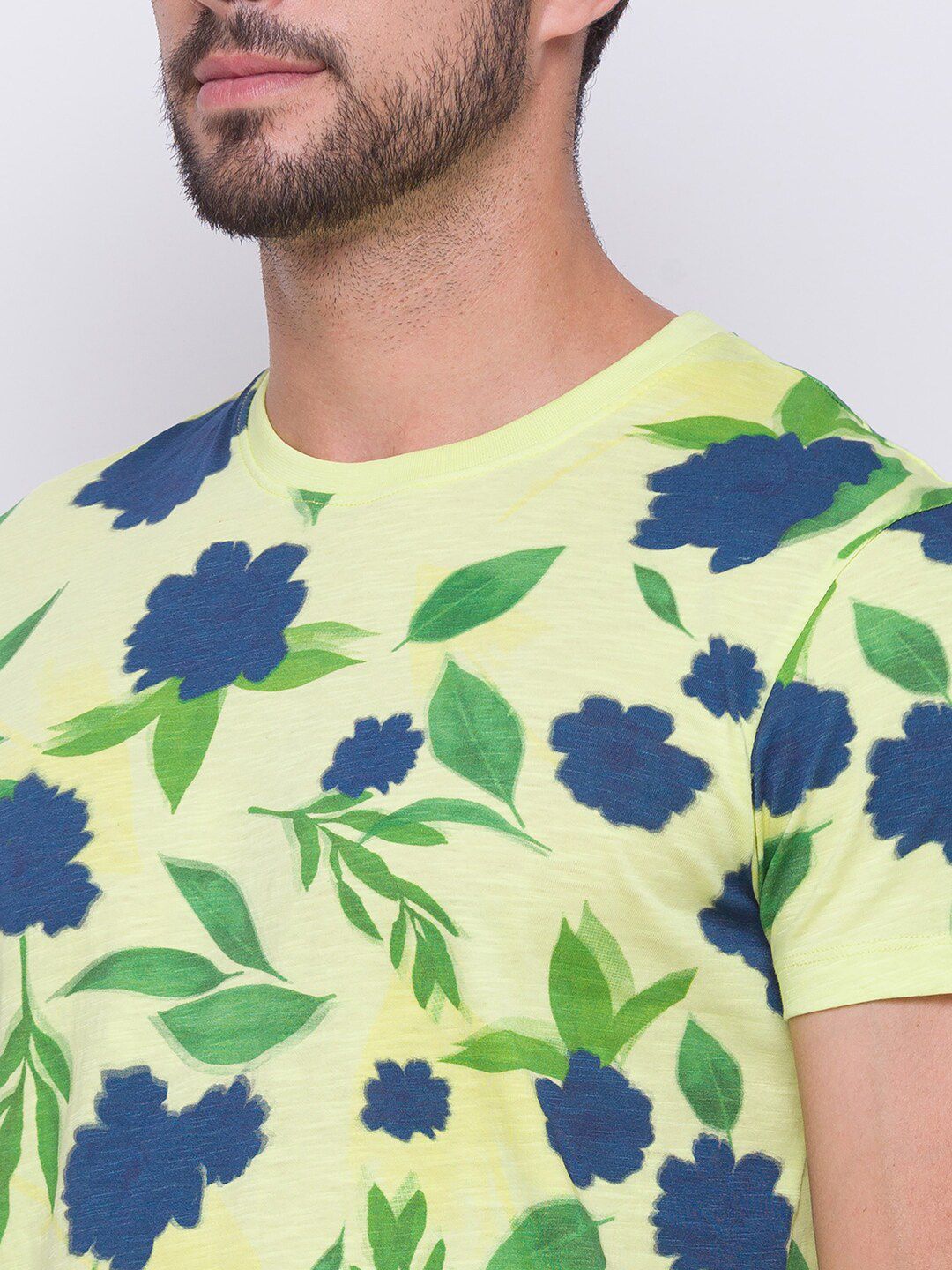 Being Human Men Yellow & Blue Floral Printed Pure Cotton T-shirt