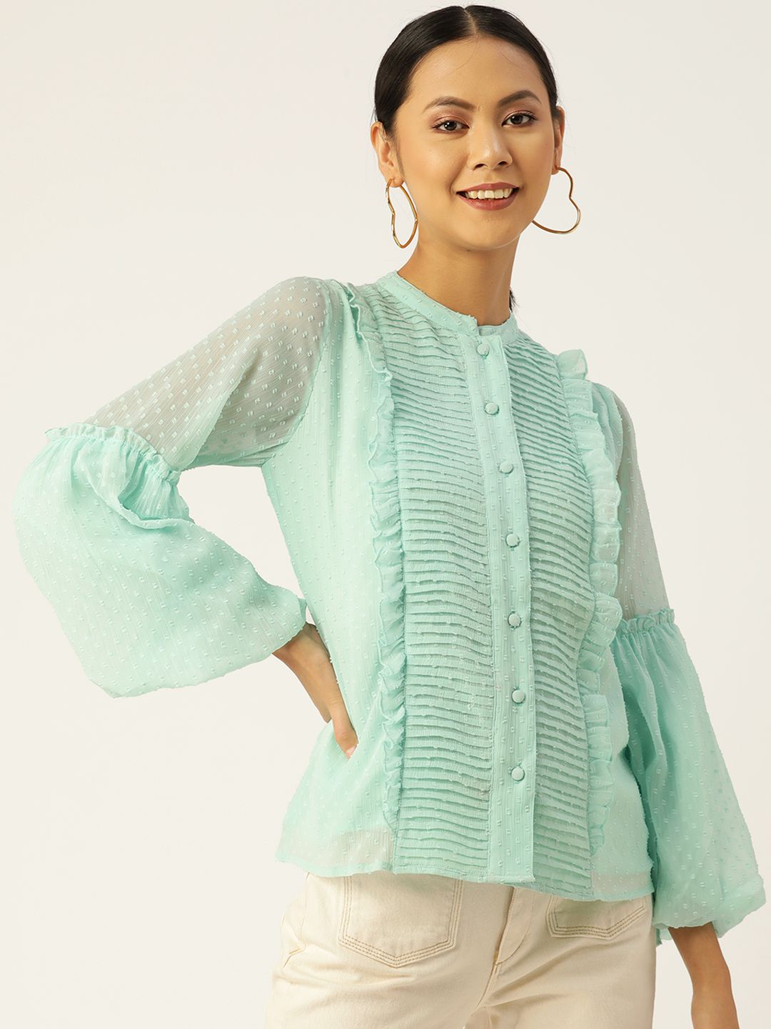Antheaa Women Sea Green Solid Puff Sleeves Chiffon Top