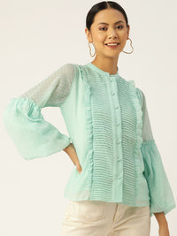 Antheaa Women Sea Green Solid Puff Sleeves Chiffon Top