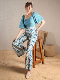 SASSAFRAS Teal Blue Puff Sleeves V-Neck Crop Top & Trouser