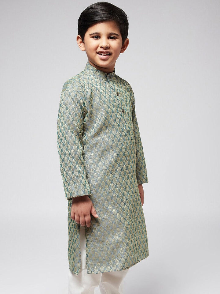 SOJANYA Boys Teal Green & Gold-Toned Ethnic Motifs Jacquard Kurta